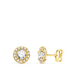 18K Pendientes Oro Amarillo Redondos Con Circonita Blancas. Ancho: 6,5 Mm. Cierre Presion
