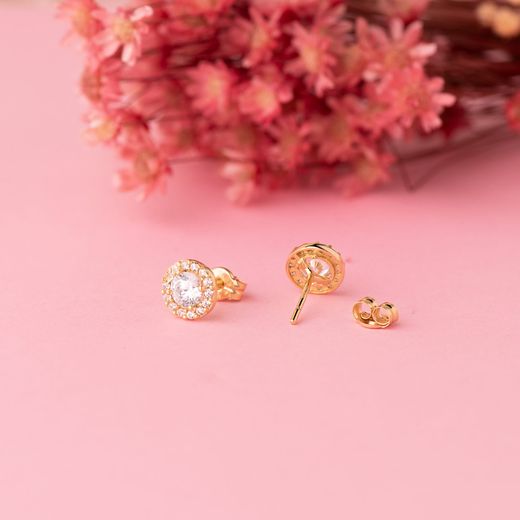 18K Pendientes Oro Amarillo Redondos Con Circonita Blancas. Ancho: 6,5 Mm. Cierre Presion