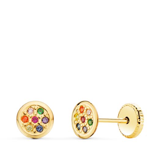 18K Pendientes Oro Amarillo Redondos Con Circonita Colores 5,5 Mm Cierre Tuerca