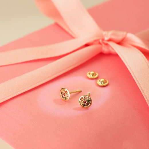 18K Pendientes Oro Amarillo Redondos Con Circonita Colores 5,5 Mm Cierre Tuerca