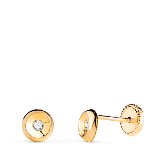 18K Pendientes Oro Amarillo Redondos Con Circonita. Medida: 5 Mm. Cierre Tuerca