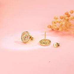 18K Pendientes Oro Amarillo Redondos Con Circonita Multicolor 9 Mm. Cierre Presion