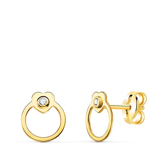 18K Pendientes Oro Amarillo Redondos Con Corazon Y Circonita. Cierre Presion 7 X 6 Mm