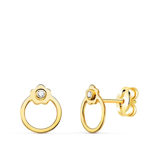18K Pendientes Oro Amarillo Redondos Con Flor Y Circonita. Cierre Presion 8 X 6 Mm