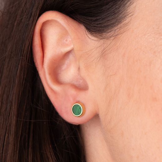 18K Pendientes Oro Amarillo Redondos Con Malaquita 7 Mm. Cierre Presion