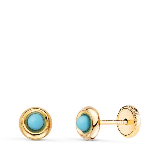 18K Pendientes Oro Amarillo Redondos Con Turquesas De 2Mm. Ancho: 5Mm. Cierre Tuerca