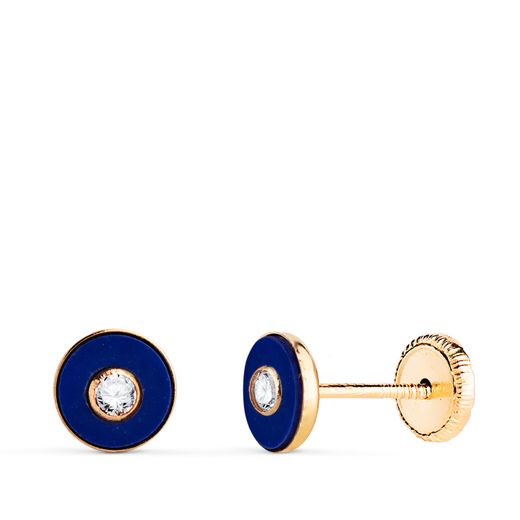 18K Pendientes Oro Amarillo Redondos Lapizlazuli Con Bocel Circonita. Medida: 5,5Mm. Cierre Tuerca