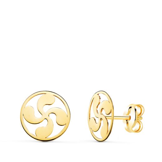 18K Pendientes Oro Amarillo Redondos Lauburu Brillo 8 Mm. Cierre Presion