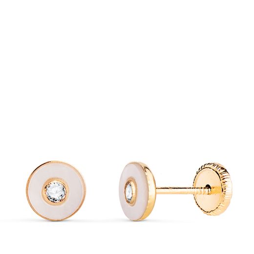 18K Pendientes Oro Amarillo Redondos Nacar Con Circonita. Medida: 5,5Mm. Cierre Tuerca