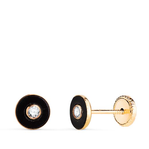 18K Pendientes Oro Amarillo Redondos Onix Con Circonita. Medida: 5,5Mm. Cierre Tuerca