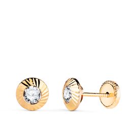 18K Pendientes Oro Amarillo Redondos Orla Tallada Circonita. Medida: 7Mm Cierr Tuerca