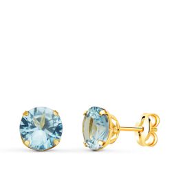 18K Pendientes Oro Amarillo Redondos Piedra Azul 6 Mm. Cierre Presion