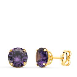 18K Pendientes Oro Amarillo Redondos Piedra Color Amatista 6 Mm. Cierre Presion