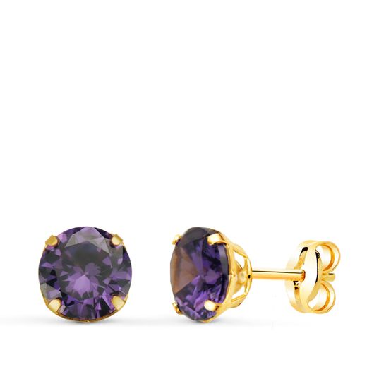 18K Pendientes Oro Amarillo Redondos Piedra Color Amatista 6 Mm. Cierre Presion