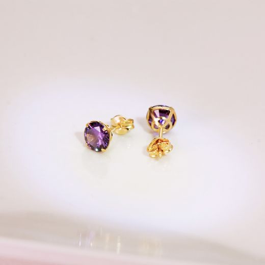 18K Pendientes Oro Amarillo Redondos Piedra Color Amatista 6 Mm. Cierre Presion