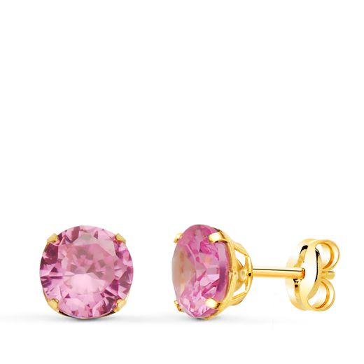 18K Pendientes Oro Amarillo Redondos Piedra Rosa 6 Mm. Cierre Presion