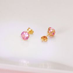 18K Pendientes Oro Amarillo Redondos Piedra Rosa 6 Mm. Cierre Presion
