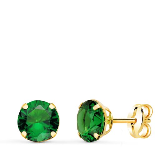 18K Pendientes Oro Amarillo Redondos Piedra Verde 6 Mm. Cierre Presion