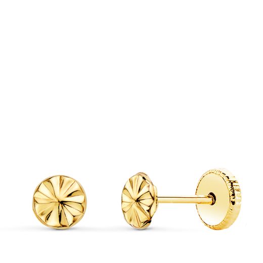 18K Pendientes Oro Amarillo Redondos Tallados 4.5 Mm Cierre Tuerca