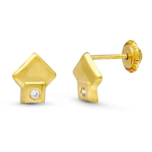 18K Pendientes Oro Amarillo Rombos 7X7 Mm Cierre Tuerca