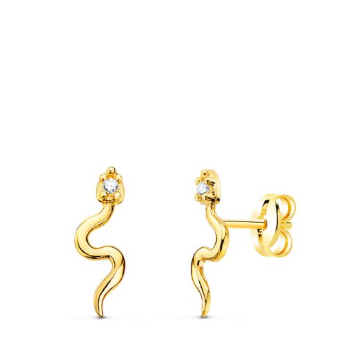 18K Pendientes Oro Amarillo Serpientes Con Circonita 12X4 Mm Presion
