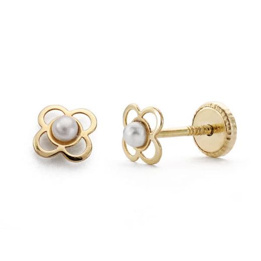 18K Pendientes Oro Amarillo Trebol 5 Mm Perla 2 Mm Cierre Tuerca