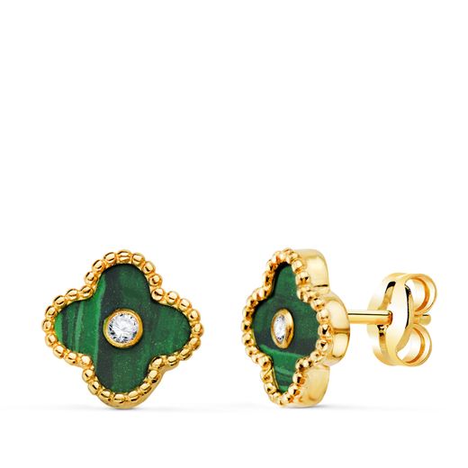 18K Pendientes Oro Amarillo Trebol Cerco Bolitas Y Malaquita Con Circonita 9X9 Mm. Cierre Presion