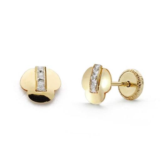 18K Pendientes Oro Amarillo Trebol Circonitas. 6 Mm Cierre Tuerca