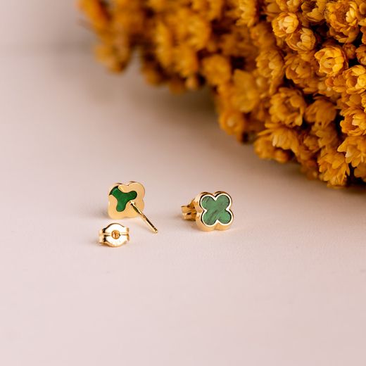 18K Pendientes Oro Amarillo Trebol Con Malaquita 7X7 Mm. Cierre Presion