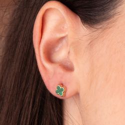18K Pendientes Oro Amarillo Trebol Con Malaquita 7X7 Mm. Cierre Presion