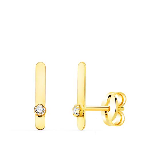 18K Pendientes Oro Amarillo Trepador Mini Barra Con Circonita 10X1.5 Mm Cierre Presion