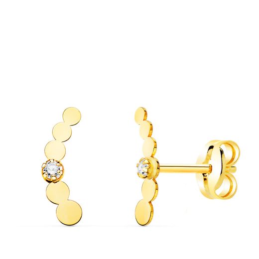 18K Pendientes Oro Amarillo Trepador Mini Circulos Con Circonita 10X2 Mm Cierre Presion