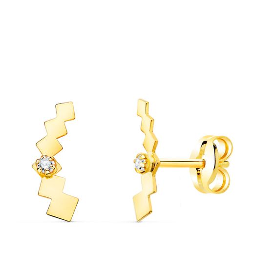 18K Pendientes Oro Amarillo Trepador Mini Cubos Con Circonita 10X3 Mm Cierre Presion