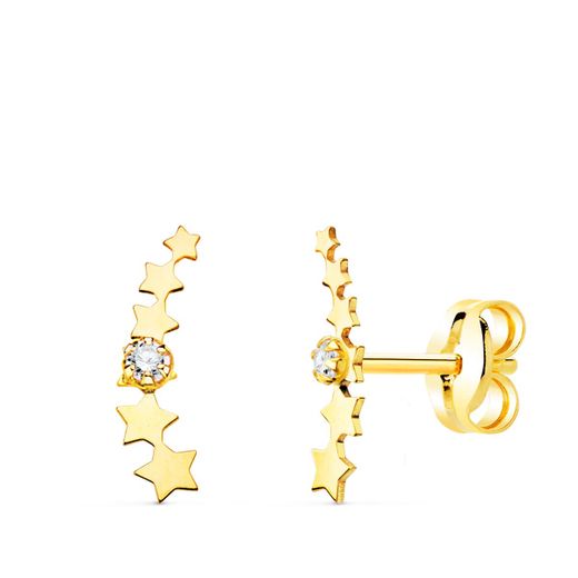 18K Pendientes Oro Amarillo Trepador Mini Estrellas Con Circonita 10X2.5 Mm Cierre Presion