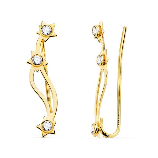 18K Pendientes Oro Amarillo Trepadores Circonitas-Estrellas Cierre Presion