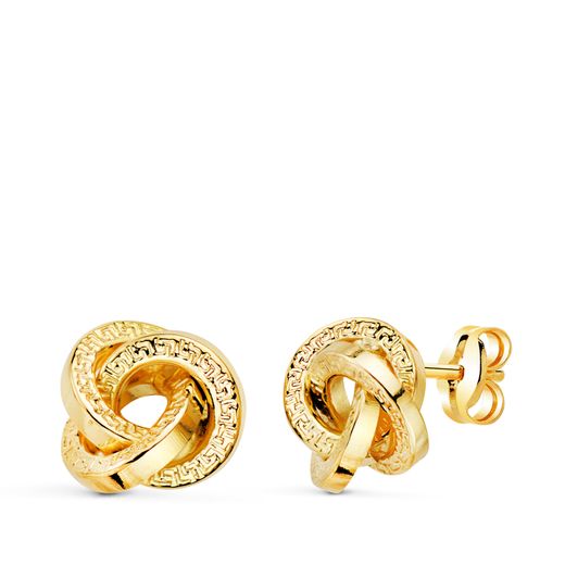 18K Pendientes Oro Amarillo Tres Aros Con Greca 9,5 X 9,5 Mm. Cierre Presion