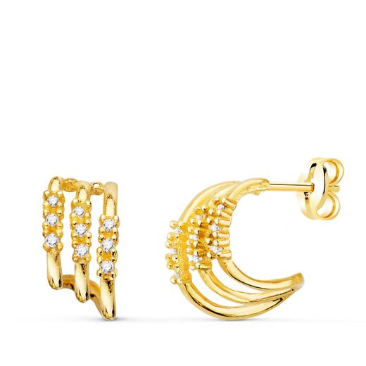 18K Pendientes Oro Amarillo Tres Bandas Con Diamantes 0.090 Qts 11X6 Mm Cierre Presion