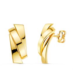 18K Pendientes Oro Amarillo Tres Bandas Lisas. 17 X 7 Mm. Cierre Presion