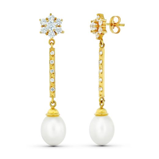 18K Pendientes Oro Amarillo Tres Cuerpos Cuajo Y Perla. Cierre Presion