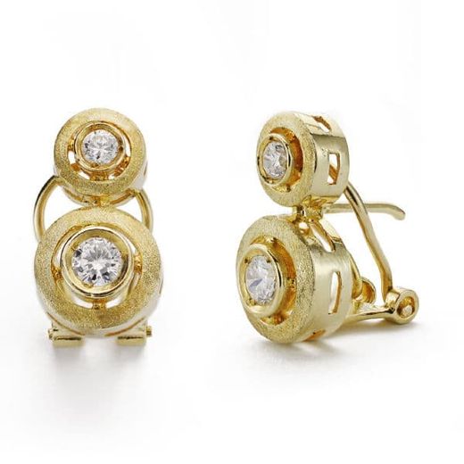 18K Pendientes Oro Amarillo Tu Y Yo 2 Circonita 16X9 Mm Cierre Catalán