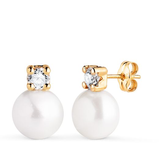18K Pendientes Oro Amarillo Tu Y Yo Perla Con Circonita. Medida: 13 X 9 Mm. Cierre Presion