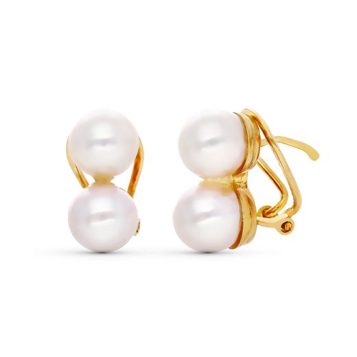 18K Pendientes Oro Amarillo Tu Y Yo Perla Cultivada Cierre Omega