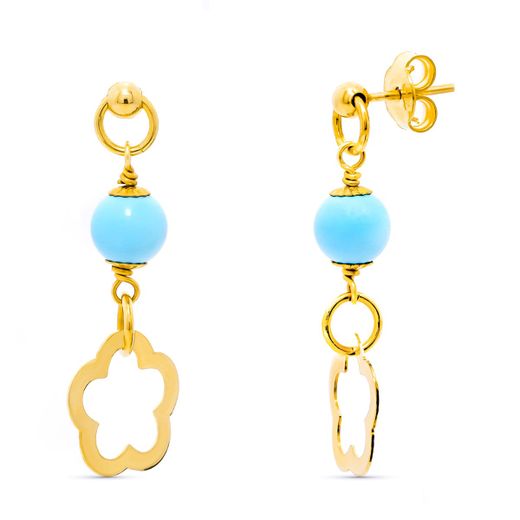 18K Pendientes Oro Amarillo Turquesa 6 Mm Flor Presion