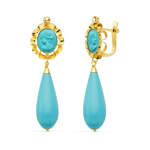 18K Pendientes Oro Amarillo Turquesa Camafeo 47X14 Mm Ceirre Catalán