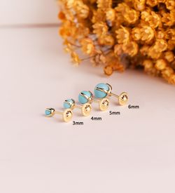 18K Pendientes Oro Amarillo Turquesa Con 4 Garras. Medida: 5 Mm. Cierre Tuerca