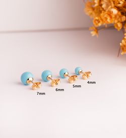 18K Pendientes Oro Amarillo Turquesa Con Casquilla. Medida: 6 Mm. Cierre Presion