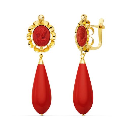 18K Pendientes Oro Amarillo Turquesa Coralina 47X14 Mm Cierre Catalán