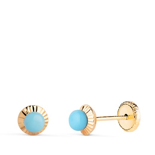 18K Pendientes Oro Amarillo Turquesa Orla Tallada 5 Mm Cierre Tuerca