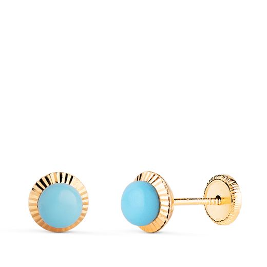 18K Pendientes Oro Amarillo Turquesa Orla Tallada 6 Mm. Cierre Tuerca