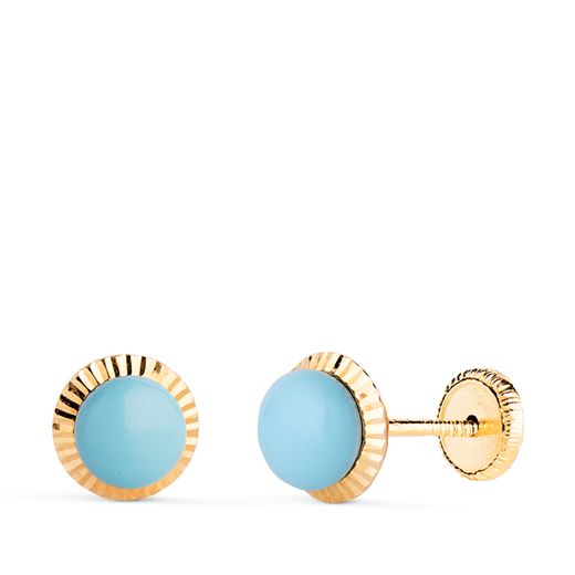 18K Pendientes Oro Amarillo Turquesa Orla Tallada 7 Mm. Cierre Tuerca